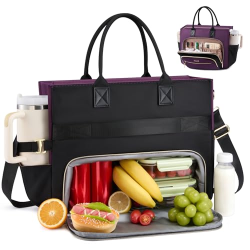 LOVEVOOK Lunch Box for Women,Adult Insulated Lunch Bag for Women,Leakproof Cooler Bag for Office Picnic Hiking Beach - color: Black-purple, size: 17.3 inch with Lunch Compartment