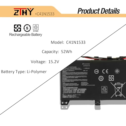 ZTHY C41N1533 Laptop Battery Replacement for Asus Q524U Q534U Q524UQ Q534UX | Q524UQK Q504UQ Q504UX Q534UXK Q534UX-BHI7T19 ZenBook Flip UX560UQK UX560UQ UX560UX UX560UX-FJ020R 15.2V 52Wh 3340mAh - size: 8.35*5.63*0.28 inch C41N1533
