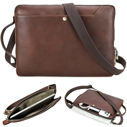 Top Grain Leather 14.2" Slim Laptop Bag Case, Handmade, Adjustable Strap & 2 Pockets, Compatible with MacBook Pro 14 inch 2021 2022 M1 Pro/M1 Max A2442 & Other PC, Red Coffee 14.2 Inch - color: #5【Adjustable Strap】-Red Coffee-2 Pockets, size: 14.2" - Fits