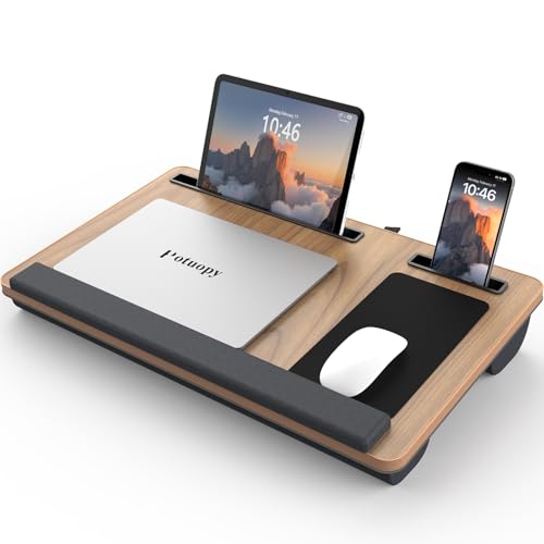 Potuopy Lap Desk with Cushion for Adults,Fits 17in LaptopWoodgrain,Large | Lightweight laptop lap pad w/ Wrist Rest, Carry Handle Mouse Pad Slots for Students Adults, Couch Armchair Floor Work Study