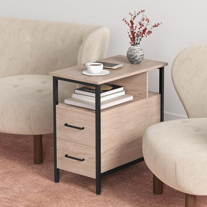 Side Tables with Charging Station, Narrow End Table with 2 Wooden Drawers, USB Ports and Power Outlets, Narrow Nightstand and Bedside Table, Side Tables Living Room, Bedroom, Greige - color: Greige