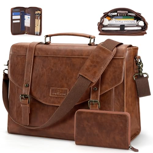 RAINSMORE Flap Messenger Bag for Men Vintage PU Leather Laptop Bag 15.6 Inch Retro Briefcase with Wallet Satchel Computer Bag - color: Brown