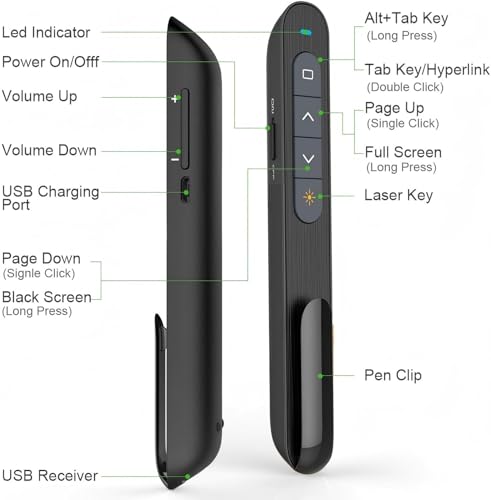 N76 Rechargeable Presentation clicker for PowerPoint Presentations | Presentation Remote with Green Laser, Long Range Wireless Presenter, USB-A Slide Advancer with Mac/Windows/Linux/Android - color: Green - Rechg. - USB-A