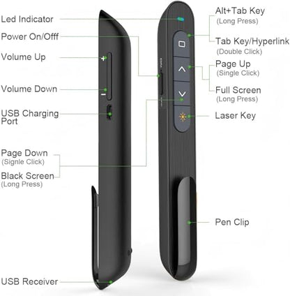 N76 Rechargeable Presentation clicker for PowerPoint Presentations | Presentation Remote with Green Laser, Long Range Wireless Presenter, USB-A Slide Advancer with Mac/Windows/Linux/Android - color: Green - Rechg. - USB-A