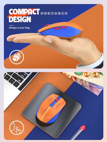 RAPIQUE Bluetooth Wireless Mouse,BT1/BT2+2.4G,Dual Mode,Blue and Orange | 3-Device Switching, USB-C Rechargeable, Quiet Clicks, 800/1200/1600 DPI, 6 Buttons, Ergonomic Grip, For Laptop, MacBook, iPad - color: Orange and Blue