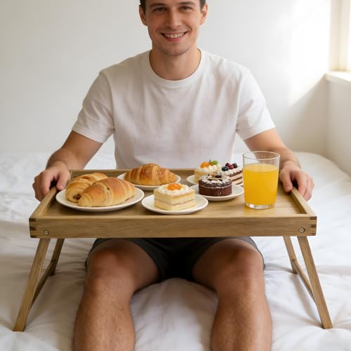 VaeFae Acacia Bed Table Tray, Wooden Breakfast Tray with Folding Legs, Bed Tray for Eating and Laptop, Eating Trays for Bedroom (Extra Large Size) - size: Extra Large
