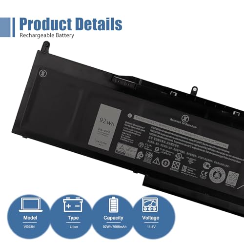 VG93N Laptop Battery Compatible with Dell Latitude 15 5580 5590 5591 E5580 E5590 E5591 Precision 15 3520 3530 M3520 M3530 Series Notebook WFWKK 0WFWKK 11.4V 92Wh 7666mAh 6-Cell - size: 13.05*3.72*0.28 inch VG93N