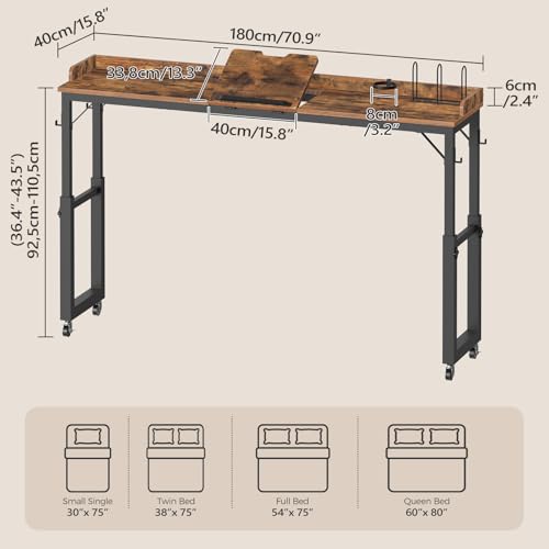 MAHANCRIS Overbed Table with Wheels, Queen Size Mobile Bed Desk with Adjustable Height, Computer Desk with Tilt Stand, Rolling Laptop Table, Recliner Desk for Office, Hospital, Rustic Brown MTHR18101 - color: Rustic Brown