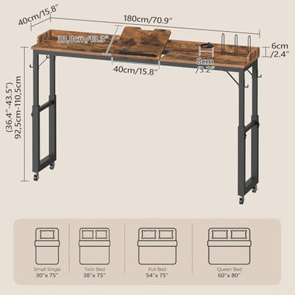 MAHANCRIS Overbed Table with Wheels, Queen Size Mobile Bed Desk with Adjustable Height, Computer Desk with Tilt Stand, Rolling Laptop Table, Recliner Desk for Office, Hospital, Rustic Brown MTHR18101 - color: Rustic Brown