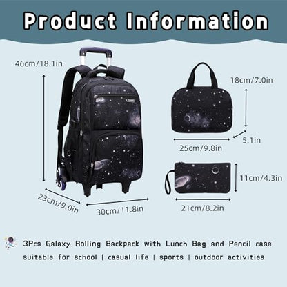 3Pcs Galaxy Boys Rolling Backpack Set with Lunch Bag, Galaxy Print Kids Backpack for Boys with Wheels - color: 3pcs-galaxy-black