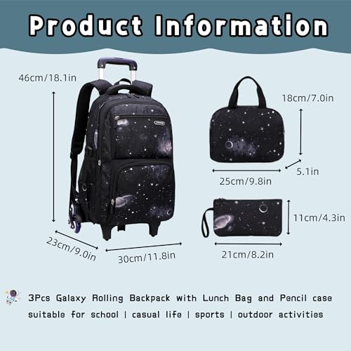 3Pcs Galaxy Boys Rolling Backpack Set with Lunch Bag, Galaxy Print Kids Backpack for Boys with Wheels - color: 3pcs-galaxy-black+blue