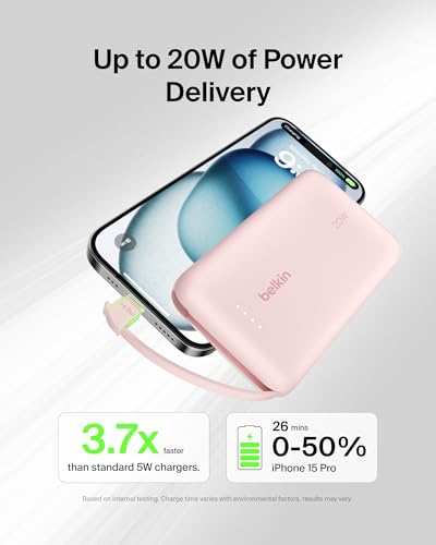 Belkin 10000mAh 20W USB C Power Bank, Portable Charger for iPhone & iPad | Fast Charging, Integrated USB C Cable, Eatra USB C Port, iPhone 17, iPad, Samsung Galaxy S26, Charge 2 Devices - color: Pink, style: 10K mAh