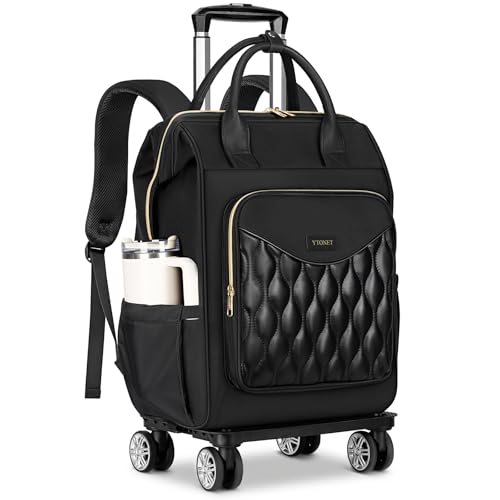 Ytonet Rolling Backpack for Women, 15.6 Inch Laptop Backpack with 4 Wheels | Carry On Rolling Laptop Bag with Detachable Trolley, Stylish Travel Wheeled Backpack for College Business Work, Black - color: Black