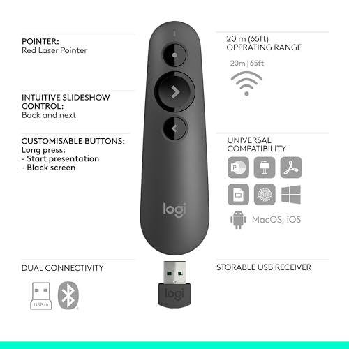 Logitech Wireless Presenter R500s PowerPoint Clicker with Laser Pointer | PowerPoint clicker, presentation clicker - color: Red Laser, style: 3 buttons