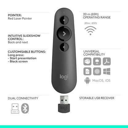 Logitech Wireless Presenter R500s PowerPoint Clicker with Laser Pointer | PowerPoint clicker, presentation clicker - color: Red Laser, style: 3 buttons
