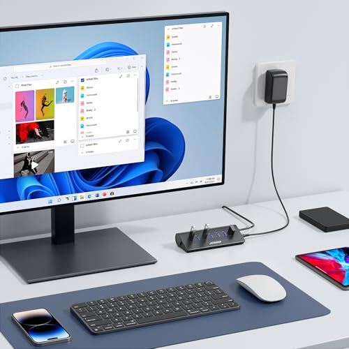 Powered USB Hub, JESWO 7-Port USB 3.0 Hub, Aluminum USB Data Hub with 3.3ft Cable, USB Hub 3.0 Powered with 20W Power Adapter for MacBook, Mac Pro/mini, iMac, XPS, PC, USB-Flash Drives, etc. (Black) - color: Black