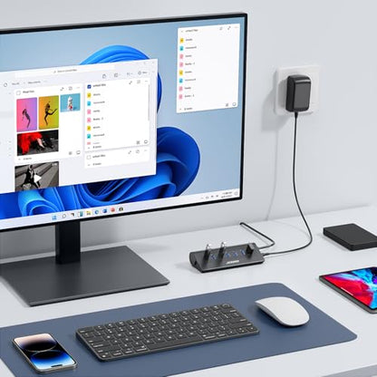 Powered USB Hub, JESWO 7-Port USB 3.0 Hub, Aluminum USB Data Hub with 3.3ft Cable, USB Hub 3.0 Powered with 20W Power Adapter for MacBook, Mac Pro/mini, iMac, XPS, PC, USB-Flash Drives, etc. (Black) - color: Black