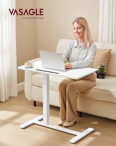 VASAGLE Overbed Table with Wheels, Mobile Standing Computer Desk, 31.5 x 17.7 Inches Tabletop, Adjustable Height, 2 Cup Holders, Phone and Tablet Slot, Cloud White ULSD601W01 - size: 31.5"W x 17.7"D