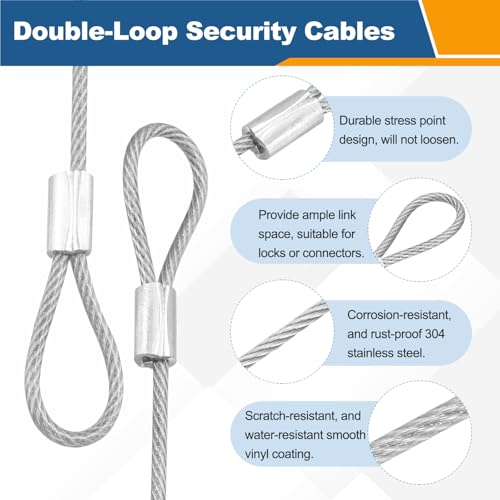 6 Pcs Security Cable Lock - Double Loop Cable (0.33 ft x 0.08 Inch) Vinyl Coated 304 Stainless Steel Safety Flexible Wire Rope Luggage Bike Anti-Theft Security Chain Lock, Silver - color: Silver, size: 0.33 ft x 0.08 Inch