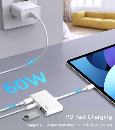 USB C to USB Adapter, 3 in 1 AUX to USB C Adapter with 3.5mm Headphone Jack + OTG + 60W PD Fast Charging Port,Compatible with iPhone 15/16, iPad Pro, MacBook and More