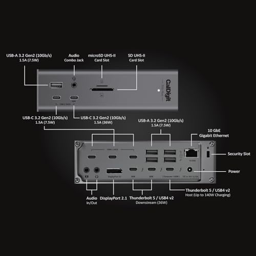 CalDigit TS5 PLUS - Thunderbolt 5 Dock - 20 Port, 10Gb Ethernet, 140W dedicated host Charging, TBT-5 x 3, USB 10Gb/s x10, Dual USB Controllers, Up to Two 8K 60Hz Displays, 1.0m Braided Cable, 330W PSU - style: TS5 Plus
