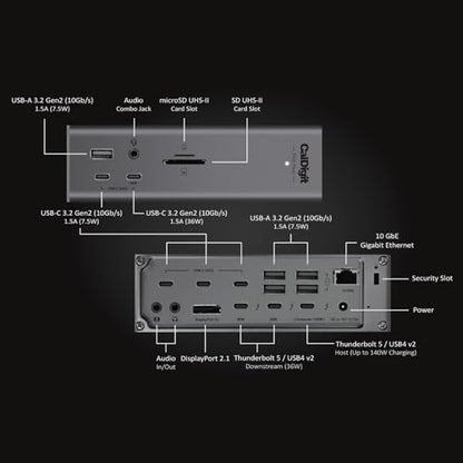 CalDigit TS5 PLUS - Thunderbolt 5 Dock - 20 Port, 10Gb Ethernet, 140W dedicated host Charging, TBT-5 x 3, USB 10Gb/s x10, Dual USB Controllers, Up to Two 8K 60Hz Displays, 1.0m Braided Cable, 330W PSU - style: TS5 Plus