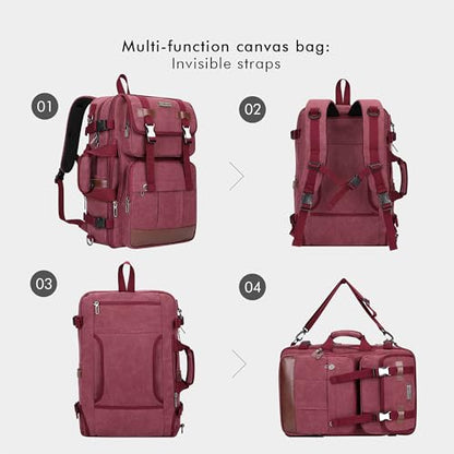 WITZMAN Canvas Travel Backpack for Women Large Laptop Backpack Fits 16 Inch | Expandable 32L to 42L, Carry-on Airline Approved Convertible Shoulder Rucksack, For Vacation, Overnight Trip, A6617 Red - color: Red