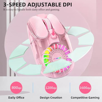 Wireless Bluetooth Mouse, Transparent BT+2.4G Dual-Mode Gaming Mouse with Magnetic Top Cover, Rechargeable RGB Backlit Computer Mouse for Laptop, PC, MacBook, iPad (Pink) - color: Pink