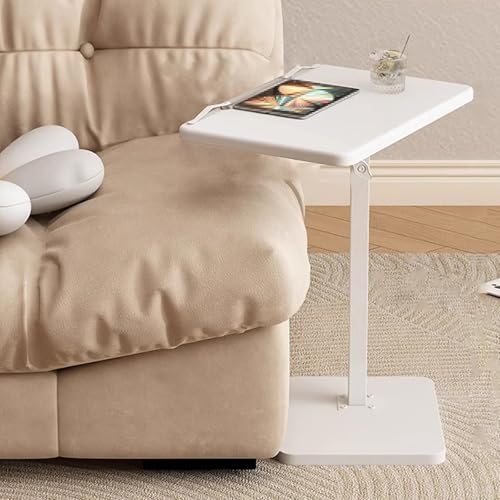 Overbed Table Adjustable Height Density Board Bedside Table, Liftable Computer Desk, The Desktop Swivel and Adjustable, for Bedside, Sofa Side(White) - color: White