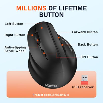 MEETION Left-Handed Wireless Ergonomic Vertical Mouse, Rechargeable - Black | Dual Bluetooth 5.2/3.0 + USB, RGB lighting, 4 adjustable DPI, compatible with Windows, Mac, PC, iPad and tablets - color: Left Black