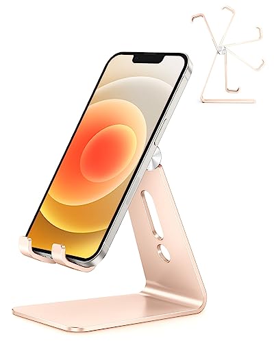 OMOTON Adjustable Cell Phone Stand, C2 Aluminum Desktop Phone Dock Holder Compatible with iPhone 15 14 13 Pro, SE, XR, 8 Plus 7 6, Samsung Galaxy, Google Pixel and More, Gold | Sturdy 3mm Aluminum, Charging Port, 270° Adjustable, Non-Slip Silicone Pads, W