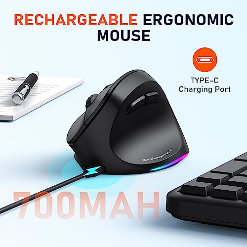 MEETION Ergonomic Wireless Vertical Mouse, Rechargeable, Black | Bluetooth 5.2 + 3.0 and USB connectivity, RGB backlight, 4 DPI adjustment, compatible with Windows, Mac, Android, PC and iPad - color: Right Black