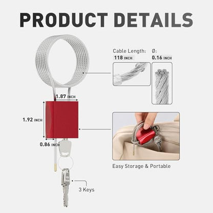 Cable Padlock Free Adjustable Lock 3 Keys, 6.56ft/2m Red | Steel Cable 1/6"(4mm)Diameter, Lock & Secure, Weatherproof for Bikes, Lockers, Gate, Fence, Shed, Outdoor Equipment etc - color: Red-6.56ft(2m)