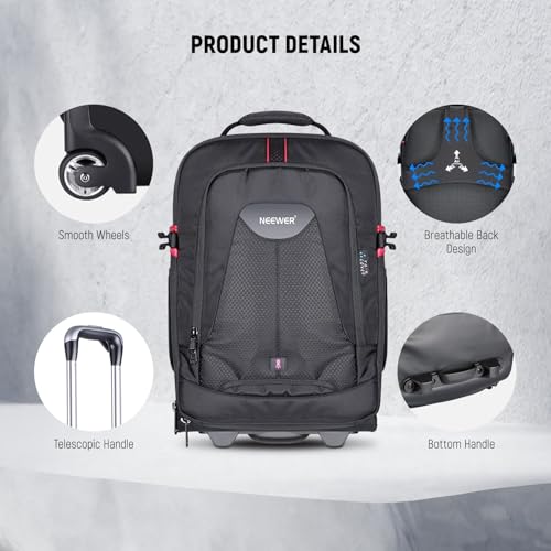 Neewer 2-in-1 Rolling Camera Backpack Trolley Case - Anti-shock Detachable Padded Compartment, Hidden Pull Bar, Durable, Waterproof for Camera,Tripod,Flash Light,Lens,Laptop for Air Travelling(Black) - style: Nw-da410t