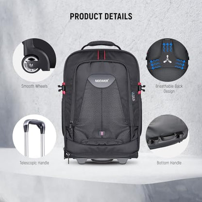 Neewer 2-in-1 Rolling Camera Backpack Trolley Case - Anti-shock Detachable Padded Compartment, Hidden Pull Bar, Durable, Waterproof for Camera,Tripod,Flash Light,Lens,Laptop for Air Travelling(Black) - style: Nw-da410t