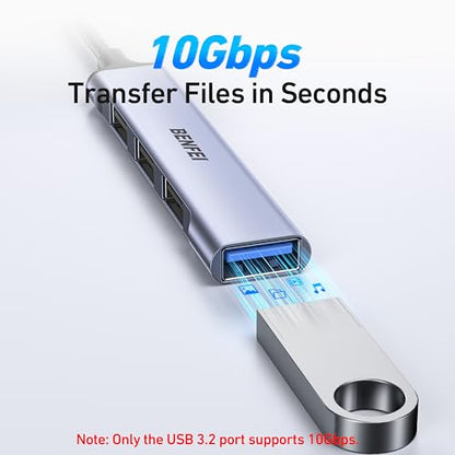 BENFEI 4-Port USB Hub: 1x 10Gbps USB 3.2 + 3X USB 2.0- for Mouse, Keyboard, Flash Drive, Printer - Compatible with Laptop, PC, Xbox, PS5