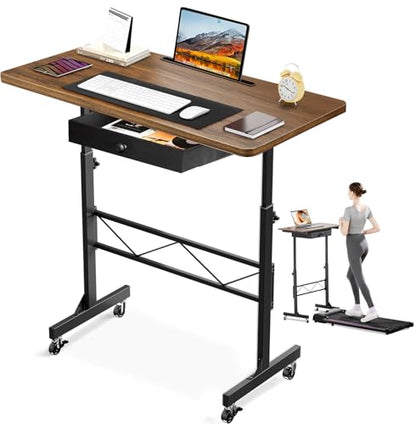 GTPLAYER Small Standing Desk Adjustable Height Small Computer Desk Mobile Portable Rolling Laptop Table with Wheels 32" Computer Workstation Sit Stand Desks Portable Standing Table Treadmill desks - color: Brown