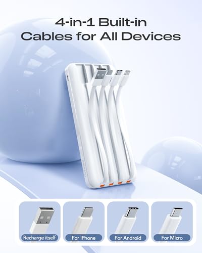 Orfeika 20000mAh Power Bank Fast Charging, Portable Charger with 4 Built-in Cables & 6 Outputs, 20W PD USB C Battery Pack Compatible with iPhone 16/15, Galaxy, Android, iPad & More (Travel Essential) - color: White