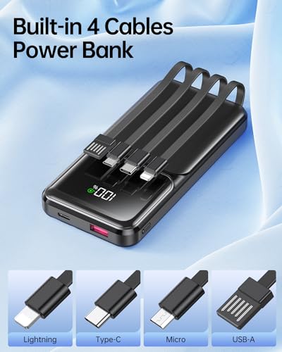 RONEGN Portable Charger with Built in Cable -20000mAh Fast Charging Power Bank USB C Slim 22.5W LED Display Battery Pack 5 Outputs & 3 Inputs for Travel Essentials iPhone Samsung Phones Black - color: Black