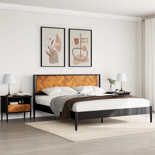 Howizz Lenia Queen Size Solid Wood Bed Frame with Headboard, Mid Century Modern Rustic Farmhouse Style, Chevron Diamond Pattern, Solid Acacia Wood Platform Bed, Queen Size, Teak Brown Black - color: Teak Brown, size: Queen Bed Frame