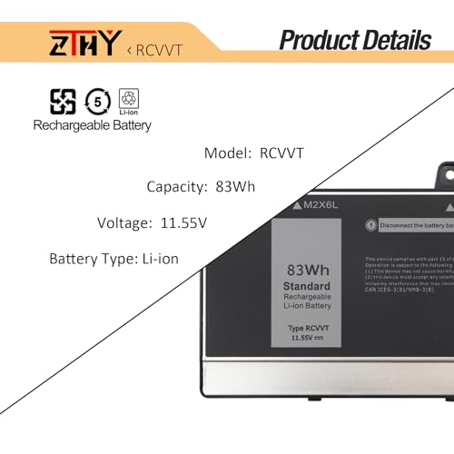 83Wh RCVVT Laptop Battery Replacement for Dell Precision 7670 7680 7770 | 7780 Mobile Workstation Series P114F P114F001 P114F002 P115F P115F001 P115F002 0RCVVT NWDC0 X26RT 0NWDC0 0X26RT 11.55V 6-Cell - size: 11.93*2.95*0.39 inch RCVVT