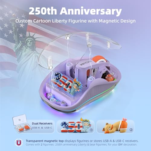 FMOUSE Transparent Wireless Mouse, 2 Cute 2026 Figurines, Tri-Mode, Purple | Rechargeable | USB-A & USB-C Receivers for Mac, iPad, Laptop | 2.4G & Dual Bluetooth | Silent Clicks | RGB | Portable - color: Purple