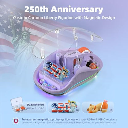 FMOUSE Transparent Wireless Mouse, 2 Cute 2026 Figurines, Tri-Mode, Purple | Rechargeable | USB-A & USB-C Receivers for Mac, iPad, Laptop | 2.4G & Dual Bluetooth | Silent Clicks | RGB | Portable - color: Purple