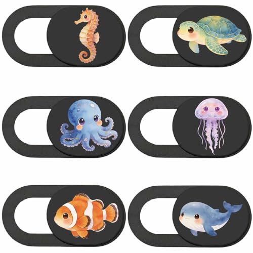6Pcs 6 Styles Ocean Camera Cover Slide Cute Privacy Guard Accessories, 0.04 Inch Ultra Thin Webcam Cover Protector Blocker for Desktop Computer Tablet Notebook Mini PC Home Office Use - color: Sea Animals