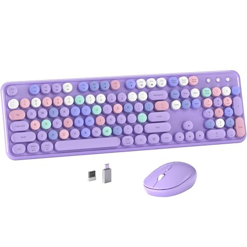MPTOG Colorful Wireless Computer Keyboard and Mouse Combo with Round Typewriter Keycaps, Retro Design, Power Switch, Ergonomic Design, 2.4GHz Wireless for Windows, Mac, PC(Purple-Colorful) - color: Purple-Colorful