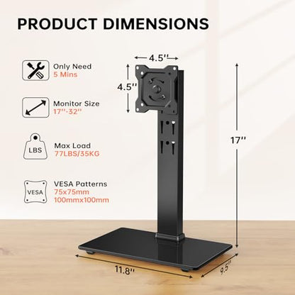 Afaloona Freestanding Single Monitor Stand for 13-32 Inch Monitor, No Clamp | Max Load 77lbs | Tempered Glass Base | ±25° Swivel | -5° to +10° Tilt | 360° Rotation | 4 Height Options | VESA 75×75/100×100 - size: Single Monitor Stand