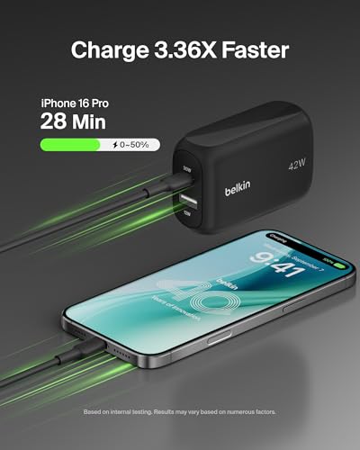 Belkin Dual Port Charger Block 42W, USB-C + USB-A Charger Super Fast Charging - Samsung Galaxy S26, Apple iPhone 17, Air, Pro, Pro Max, iPad, AirPods, Apple Watch, Nintendo Switch 2 & More - Black - color: Black