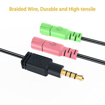 Headset Adapter 3.3 FT 3.5mm Mic and Audio Headphone Splitter for PC | Braided CTIA 4 Pole TRRS Male to 2-TRS Female Jack Stereo Y Cable for Dual-Plug Game Headset to PS4, Xbox, Phone, Laptop, PC - size: 1 Pack / 3.3 Feet