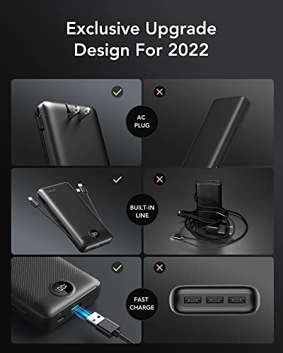 VRURC Portable Charger 20000mAh, Fast Charging Power Bank USB C,4 Output 2 Input Travel Essentials Charging Bank Equipped with LED Display,Built-in Wall Plug and Cables,Phone Charger Battery,Black - color: Black