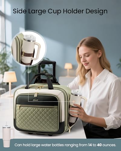 LOVEVOOK Rolling Laptop Bag for Women, Underseat Carry On Bag with Wheels | Fits 17.3 Inch Laptop, 30L Capacity, Silent Wheels, Rolling Briefcase, Carry On Luggage, Personal Item for Work Travel - color: Green-beige